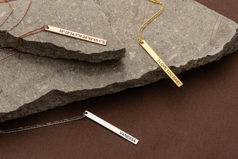 Vertical Bar Necklace 14K Solid Gold Custom Word Necklace Engraved Coordinate Bar Personalized Wedding Gift Jewelry image 5