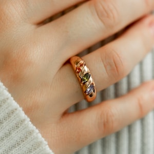 14K Multi-Stone Ring •  Spiral Marquise Row Birthstone with Name Engraved • Family Birthstone Ring in Solid Yellow, White and Rose Gold