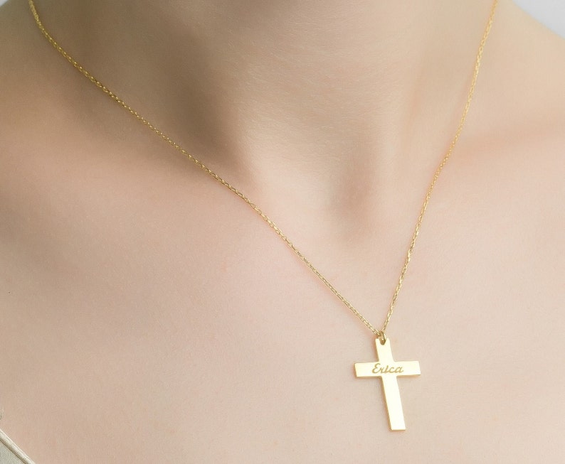 Engraved Cross Necklace 14K Solid Gold Cross Pendant for Personalized Religious Necklace Custom Name Cross Necklace Gift image 5