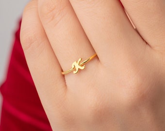 Personalized Name Initial Letter Ring • 14K Solid Gold Dainty Initial Ring • Custom Birthday Friends Gift
