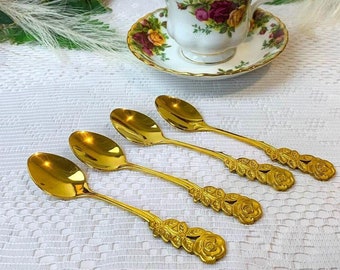 Rose Flower Teaspoons in gold or silver plated colors, sold individually and in sets of 4, bulk available, Vintage made in Japan