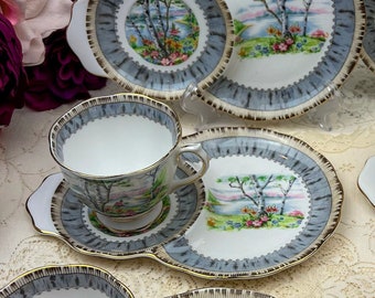 Vintage Royal Albert Silver Birch Tennis Set / Snack plate with teacup, 8 sets available, Vintage English Bone China, sold separately
