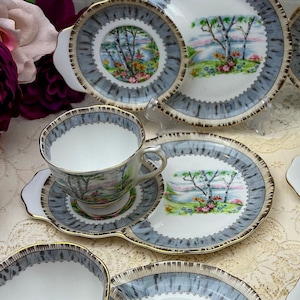Vintage Royal Albert Silver Birch Tennis Set / Snack plate with teacup, 8 sets available, Vintage English Bone China, sold separately