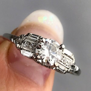 1920s antique Art Deco Platinum Mine cut Natural 0.82ctw Diamond Engagement Ring with baguettes, GIA G.G. Appraisal Included