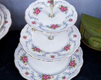 Vintage Royal Albert Tranquility Three Tier Cake Stand with pink or silver handle, English bone china, Wedding, tea party, birthday, gift