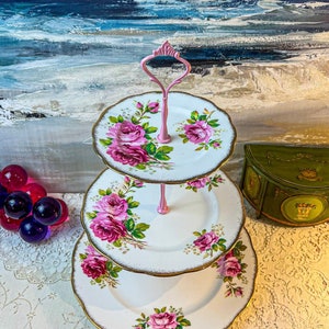 Vintage Royal Albert American Beauty Three Tier Cake Stand with pink, gold or silver handle, made in england bone china