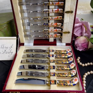 RARE Set of 12 Royal Crown Derby Traditional Imari Fruit Fork and