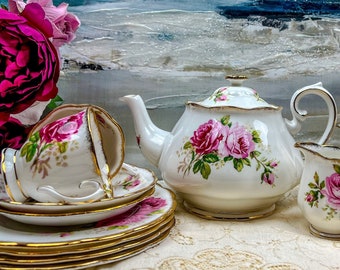 Vintage Royal Albert American Beauty 24 piece Tea for 6 with teapot, plates, teacup, cream, sugar, English bone china