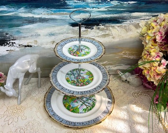 Alzata per torta vintage Royal Albert Silver Birch a tre piani in perfette condizioni, porcellana inglese