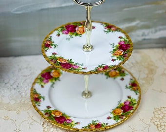 Vintage 1962 Royal Albert Old Country Roses 2-tier Cake Stand