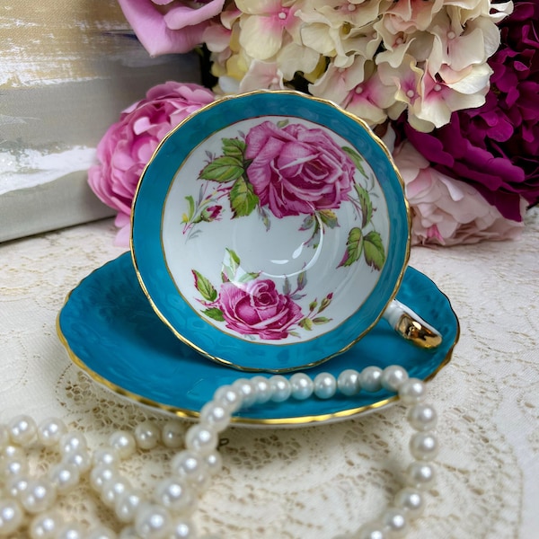 Vintage Turquoise Blue Aynsley Teacup and Saucer with Pink Cabbage Rose Centre, textured lace pattern, collector, gift, birthday, antique