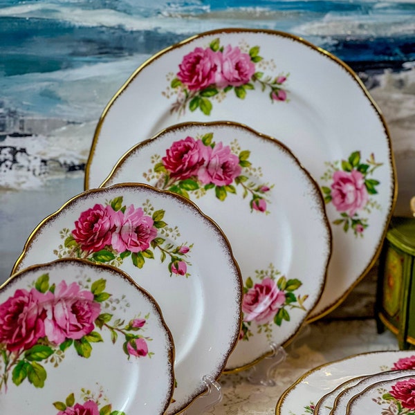 Vintage Royal Albert American Beauty dinnerware selection: plates, bowls and serving, replacement bone china