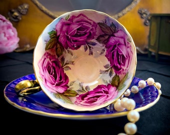 PRISTINE condition Cobalt Blue 1930s Aynsley Large cabbage Roses tea cup and saucer, made in england