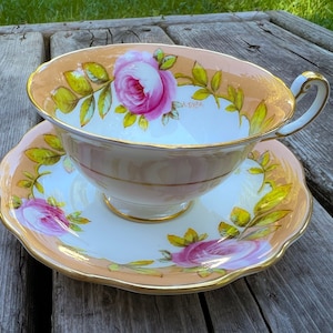 RARE SIGNED A. Taylor 1950s EB Foley Cabbage Roses Teacup and Saucer, English Bone China Set, wedding party, afternoon tea, pattern 2785