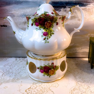 Stövchen Vintage Royal Albert Old Country Roses Stövchen und Option zum Kauf von Teekanne, englisches Bone China