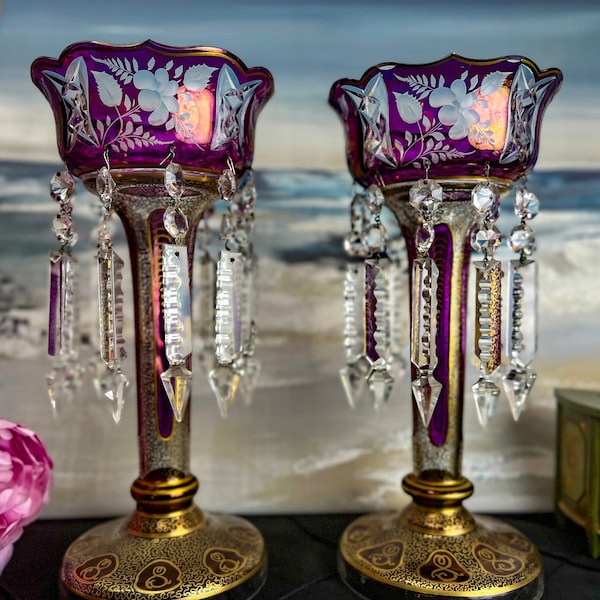 RARE Extra Large Pair of Antique Purple and gold Mantle Lustres, AS IS, 13.5" tall, Crystal cut to clear Bohemian Glass with spear prisms