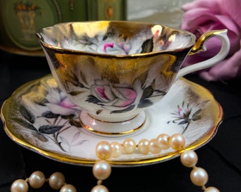 Rare Royal Albert large white and pink cabbage rose teacup and saucer with heavy 24kt gold, english Bone China