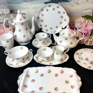 Vintage Royal Albert Forget Me Not Rose Dinnerware Items including Large 6 cup Teapot, Coffee Pot, Plates and more, English bone china