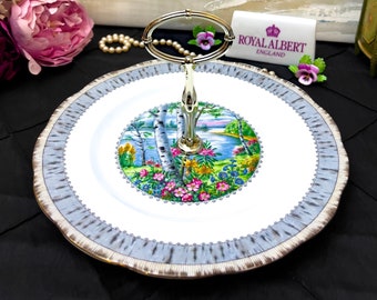 Alzata per torta vintage Royal Albert Silver Birch con manico, in perfette condizioni, in porcellana inglese.
