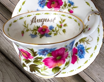 vintage NEUF ÉTAT Tasse à thé et soucoupe Royal Albert August Fleur du mois, vaisselle florale traditionnelle pour le petit-déjeuner, anniversaire, cadeau, maman