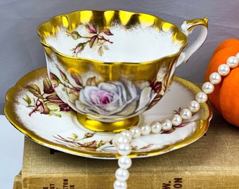 Vintage RARE Royal Albert Gold Crest Series wide mouth Teacup And Saucer, White Rose and heavy gold Garland, tea party, gift, birthday
