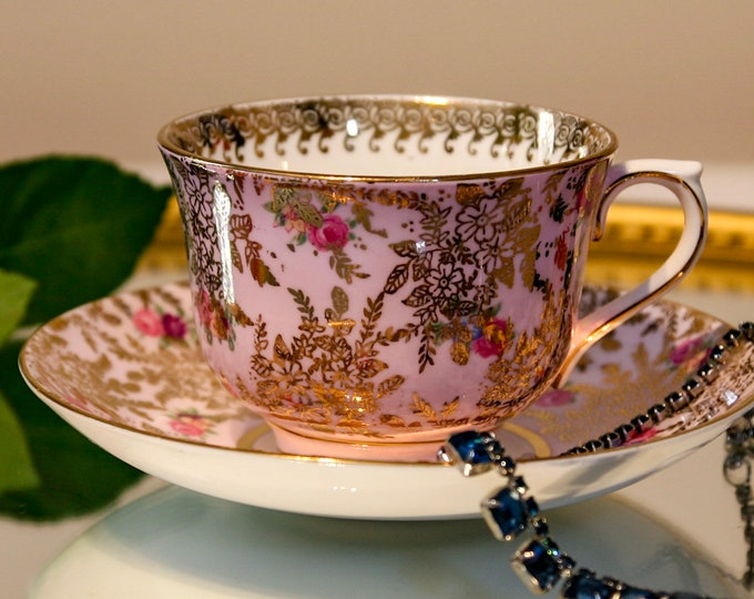 1930's Colclough Pink and Gold Chintz Teacup and Saucer With Flowers ...