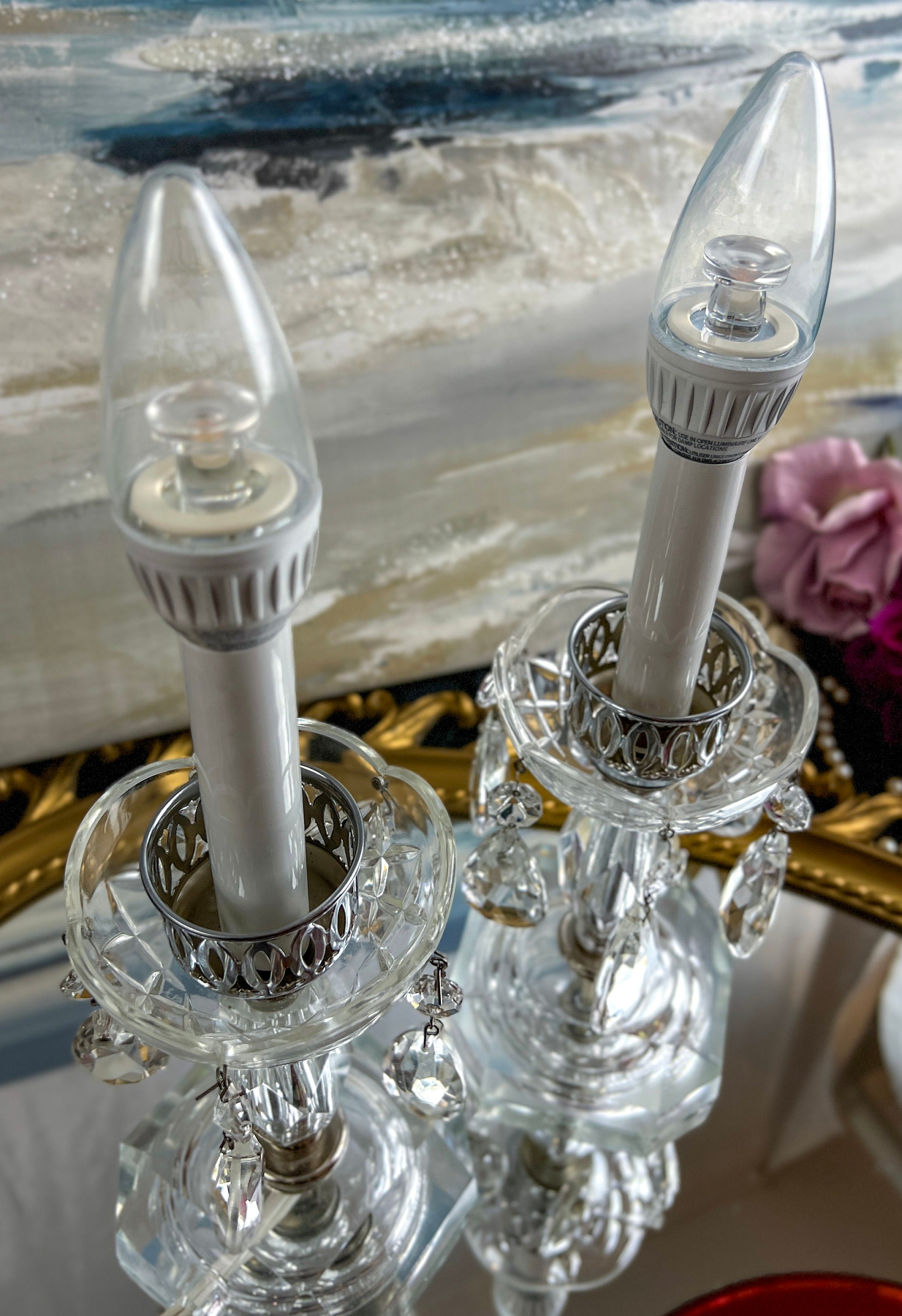 Pair of Vintage Ruby Red Hurricane Mantle Lustre Lamps With