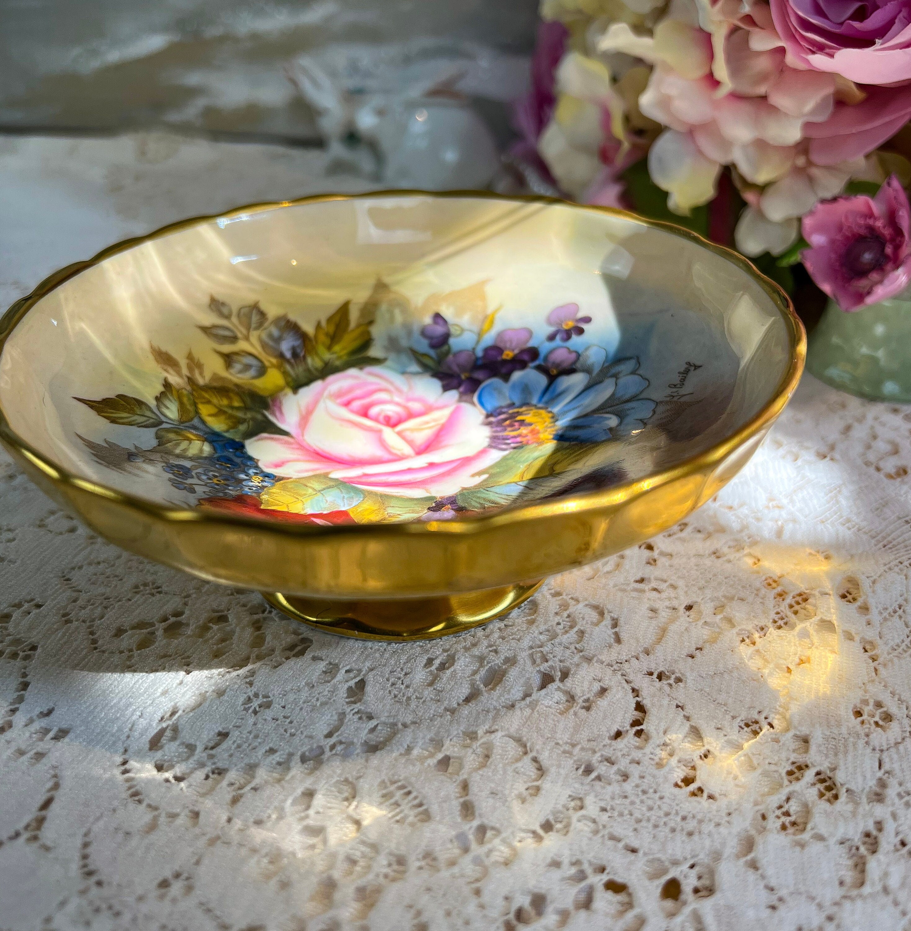 RARE Vintage J.A. Bailey Signed Aynsley Cabbage Rose Gold Footed