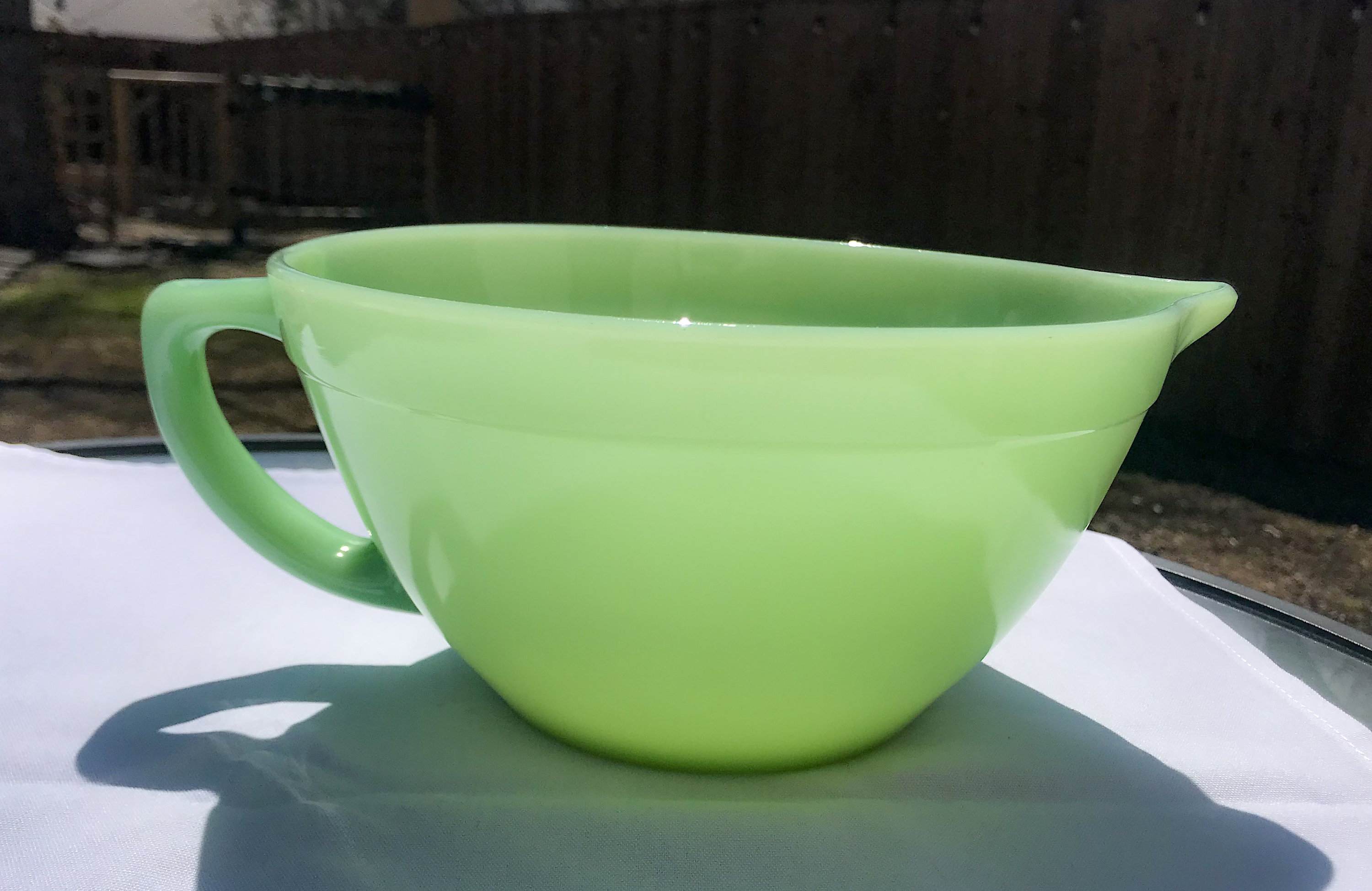 1950s Fire King Jadeite Glass Batter Bowl With Handle and