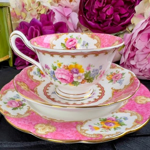 Vintage Royal Albert Lady Carlyle Teacup Trio with side plate, wide avon shape with 1944 original back stamp, 8 available, sold separately