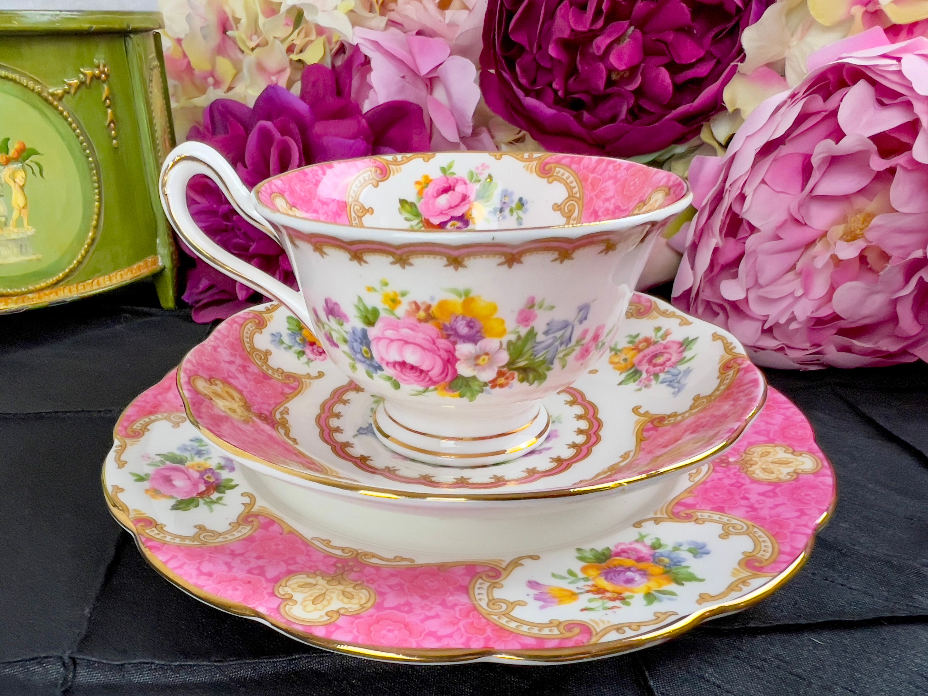 Vintage Royal Albert Lady Carlyle Teacup Trio with side plate, wide avon shape with 1944 original back stamp, 8 available, sold separately