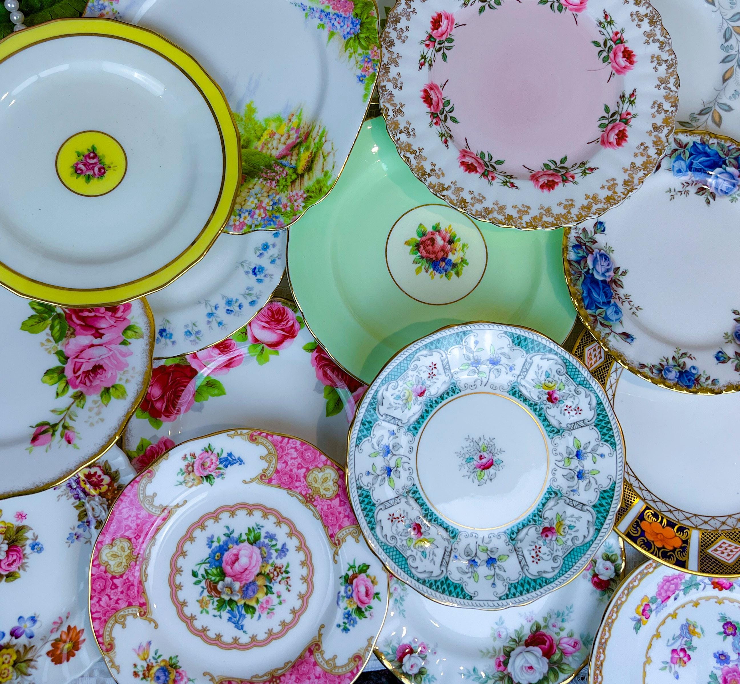 Bulk Mix and Match Vintage English China Plates 8, 12, 24, & 36+ for tea parties, teacups for wedding showers, all made in england