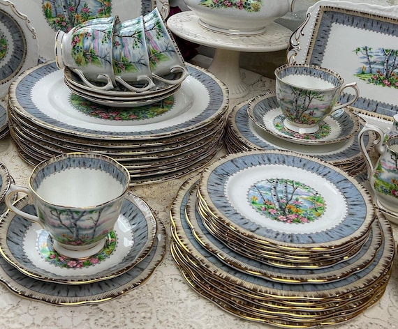 ①ロイヤル アルバート Silver Birch プレート　大皿　5枚　26cm 5 Piece Place Setting Vintage Royal Albert Silver Birch With