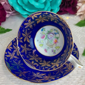 Vintage Gladstone Cobalt Blue Teacup and Saucer, England 1950s