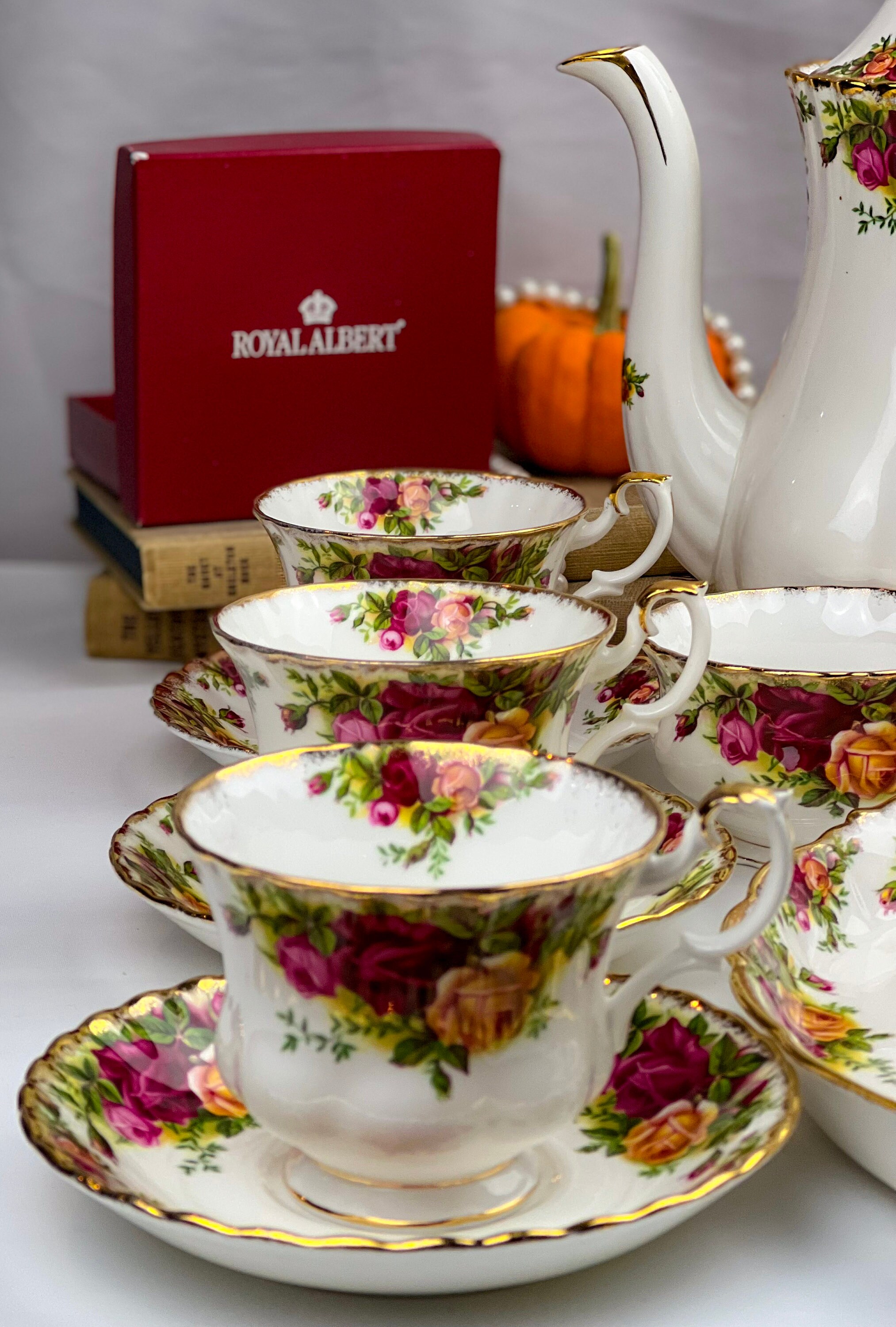 Vintage Royal Albert Coffee Set: Old Country Roses English Bone