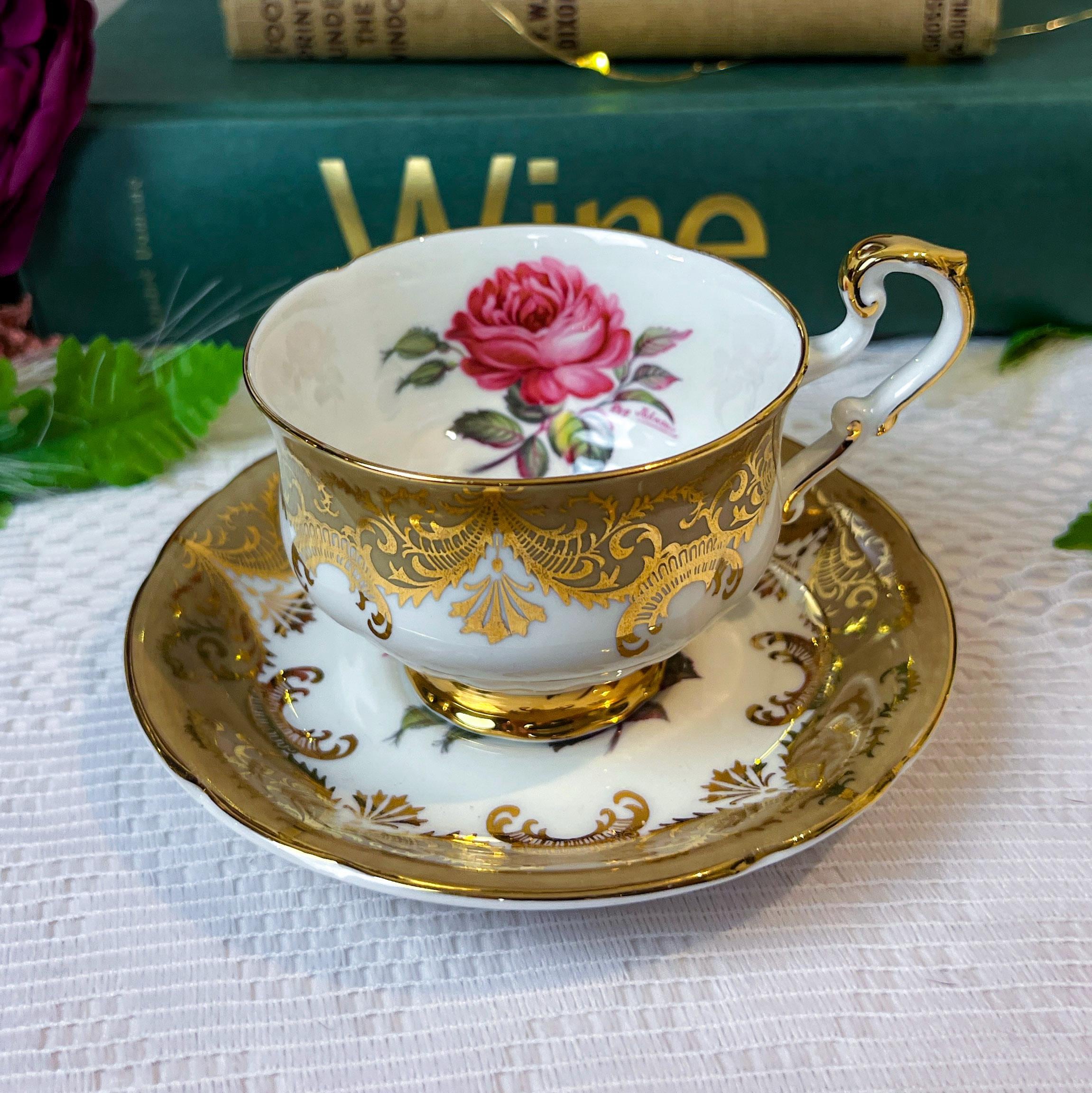 1950s Moss Green Paragon Antique Rose Cup and Saucer Signed Reg
