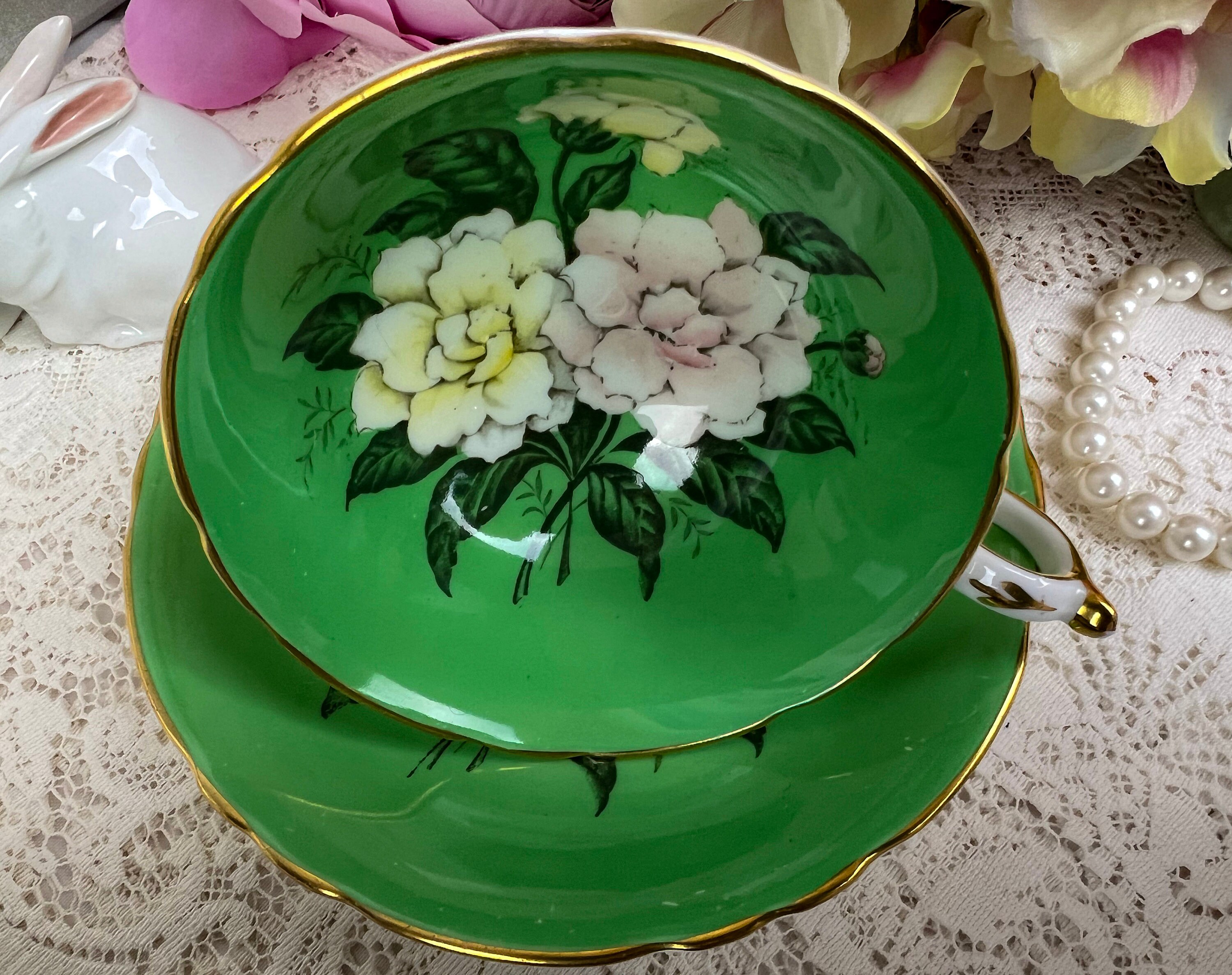 RARE Vintage Green Paragon Teacup and Saucer With Gardenia Etsy