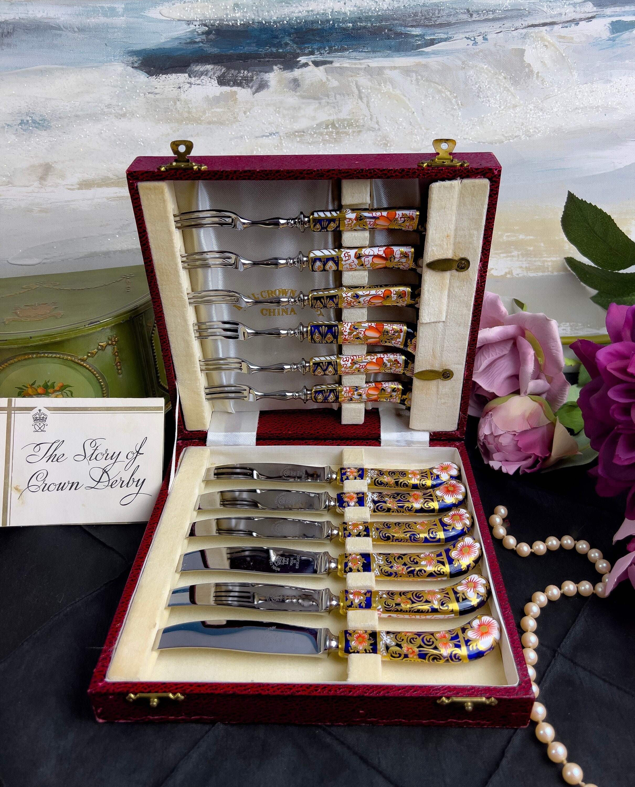 RARE Set of 12 Royal Crown Derby Traditional Imari Fruit Fork and