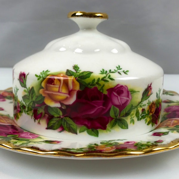 Beurrier rond Royal Albert Old Country Roses en parfait état vers 1962, porcelaine anglaise vintage, fête, cadeau, mariage, douche