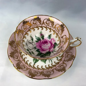 1950s Pink EB Foley Cabbage Roses and Gold Lace Filigree Teacup and Saucer, English Bone China Set, wedding party, afternoon tea, bridesmaid