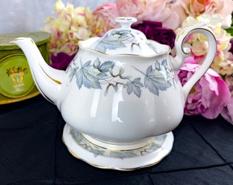 Vintage Royal Albert Silver Maple English bone china selection, 6 cup Teapot with matching trivet, teacups, cream, sugar, sold separaretly