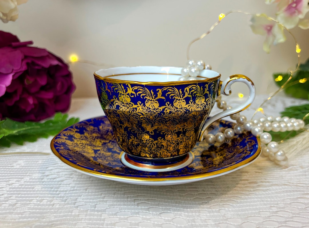 Aynsley Cobalt Blue Gold Chinz Teacup and Saucer, Vintage England