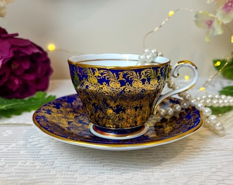 Aynsley Cobalt Blue Gold Chinz Teacup and Saucer, Vintage England