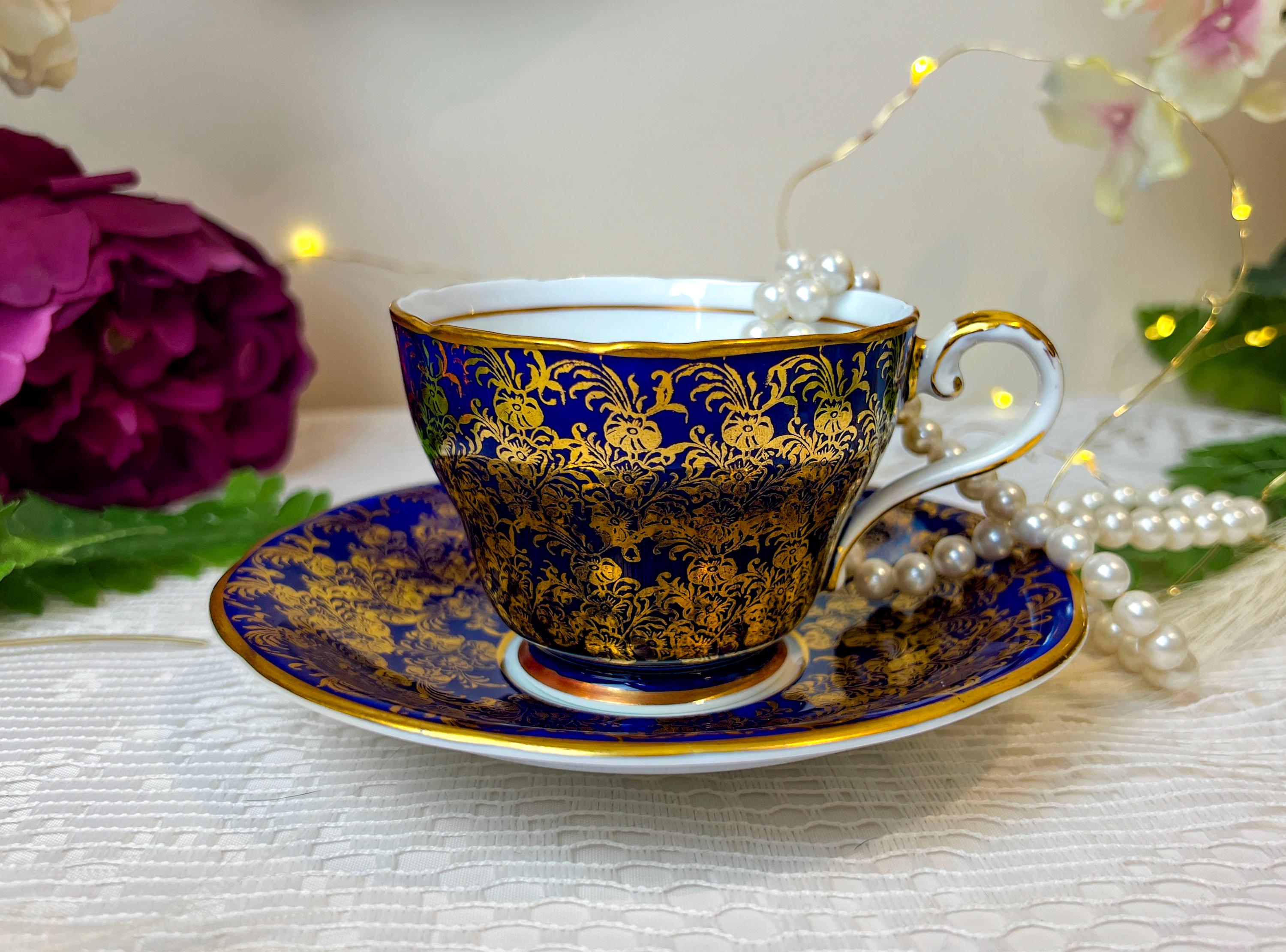 Aynsley Cobalt Blue Gold Chinz Teacup and Saucer, Vintage England