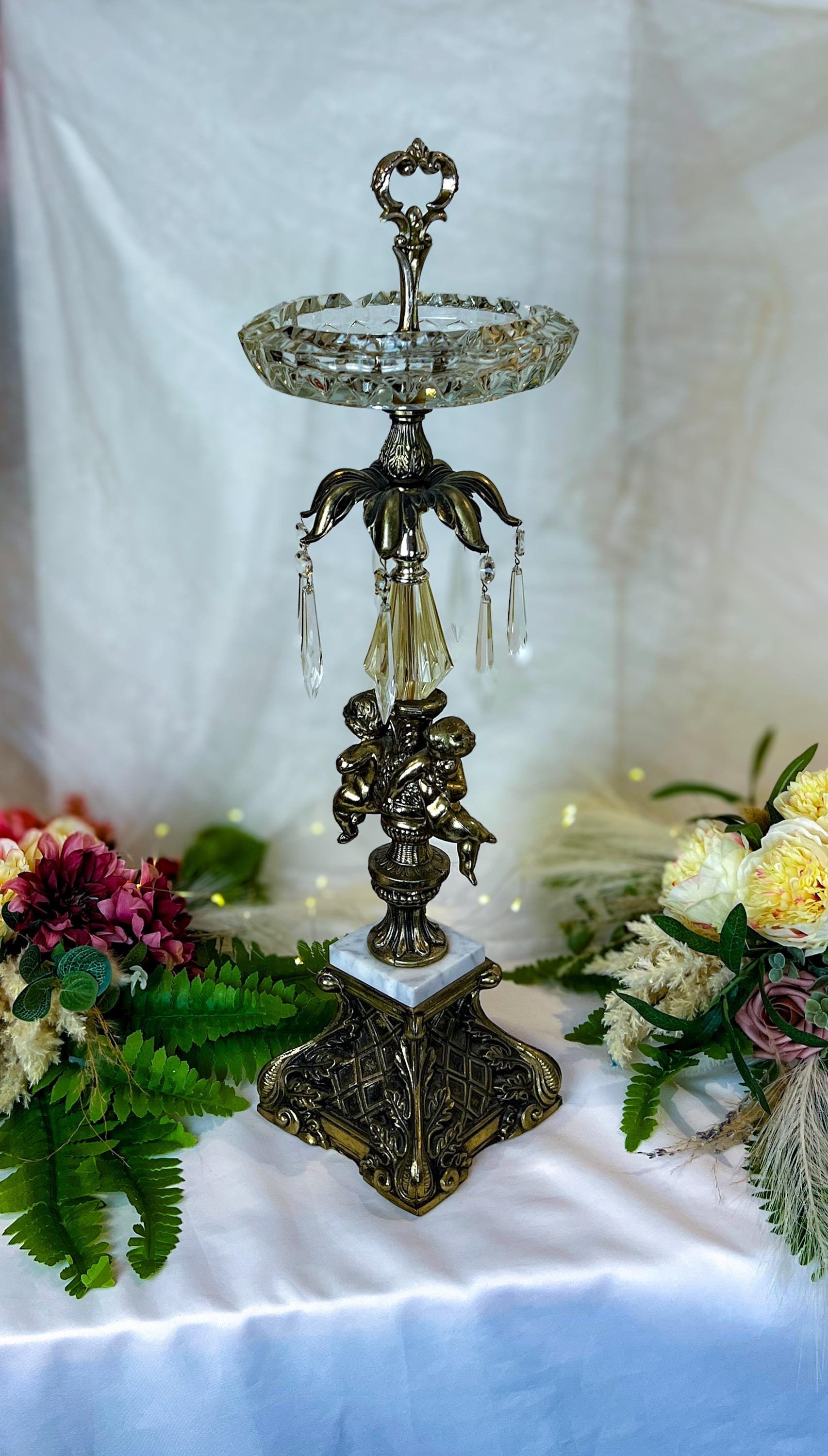 Vintage Italian Brass Marble Standing Floor Ashtray With Gold