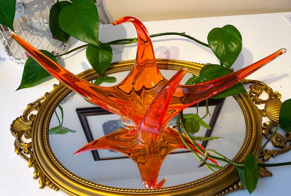 SIGNED Redish Orange Chalet 4 Point Art Glass Centerpiece