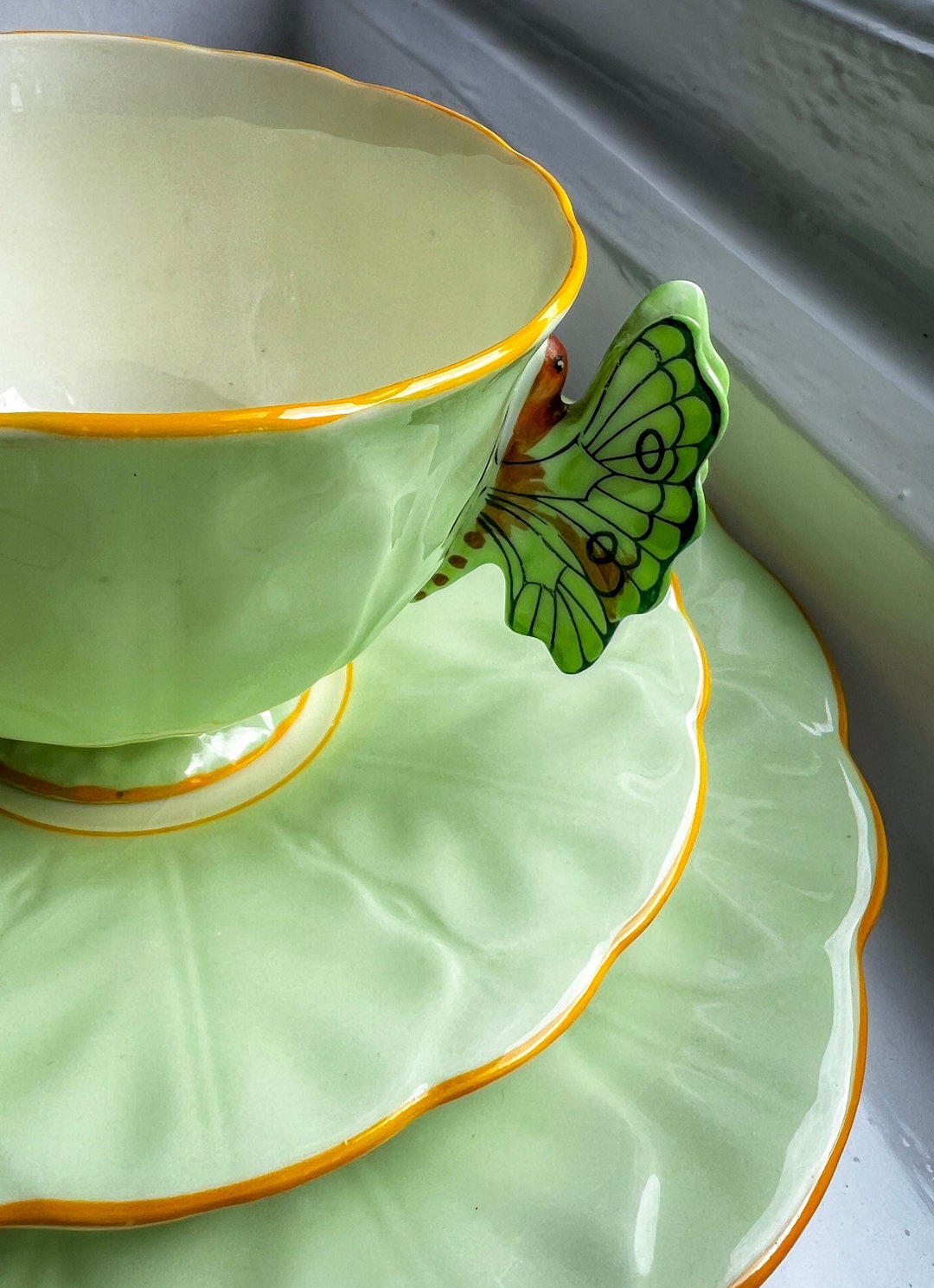 Spectacular 1930s Aynsley Butterfly Handle Green Teacup Trio With