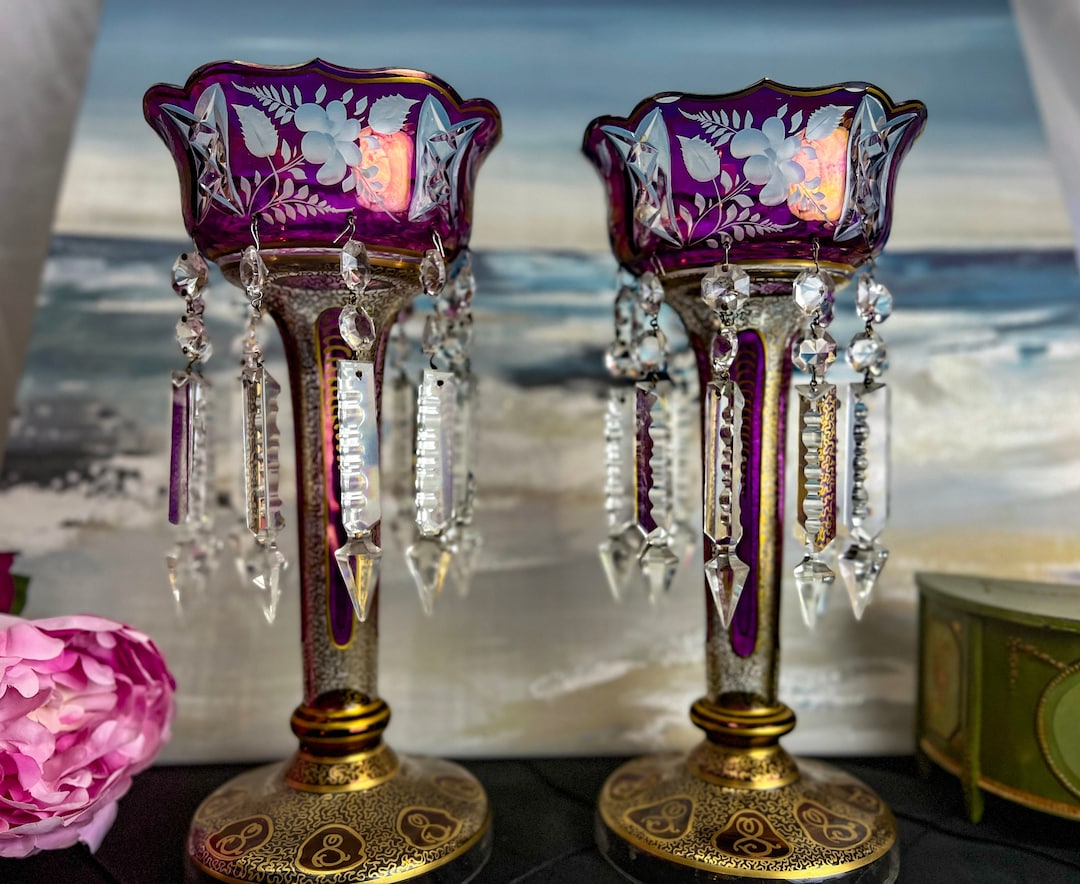 RARE Pair of Antique Purple and Gold Mantle Lustres, AS IS, 13.5 Tall ...