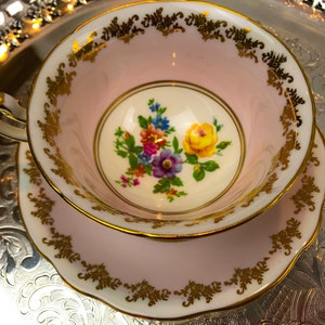 EB Foley 1850 Pink and floral bouquet Teacup and Saucer, made in English Bone China, pattern 2402