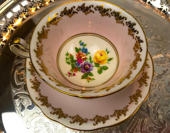EB Foley 1850 Pink and floral bouquet Teacup and Saucer, made in English Bone China, pattern 2402